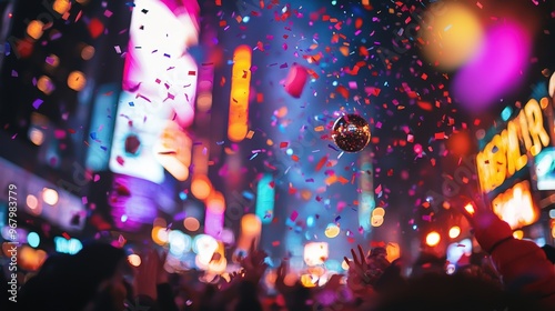 Vibrant New Year's Eve Celebration in Times Square, New York City with Colorful Confetti and Balloons