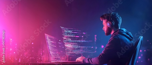 Full stack developer working on cloud and coding in the background for a modern software development process  Showing the technology programming