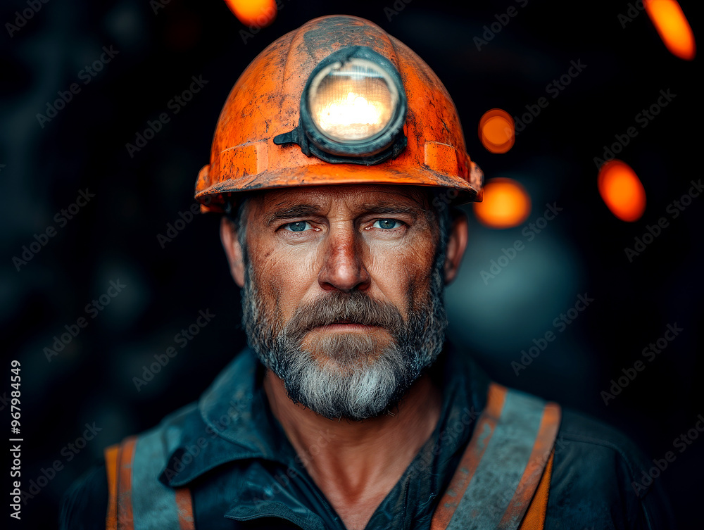 Grit and resilience: middle-aged miner in orange hard hat and headlamp, ready for the mine Grit and resilience: middle-aged miner in orange hard hat and headlamp, ready for the mine