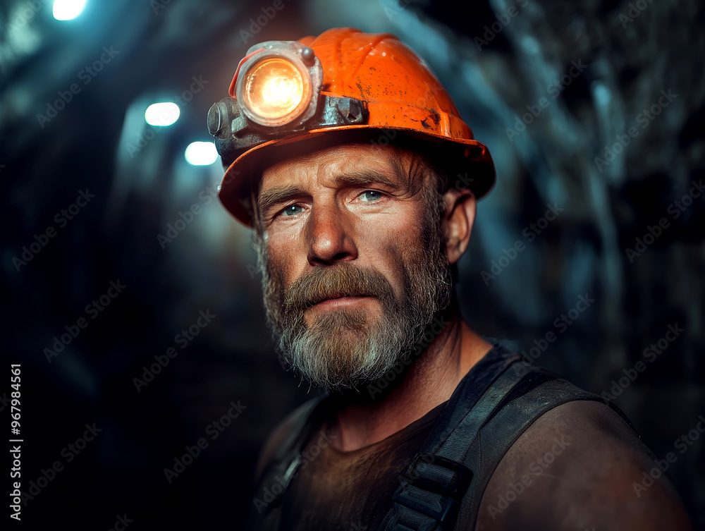 Portrait of a determined middle-aged miner wearing an orange hard hat with a headlamp attached Portrait of a determined middle-aged miner wearing an orange hard hat with a headlamp attached