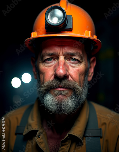 Veteran miner in orange safety gear: a close-up of determination and experience underground photo