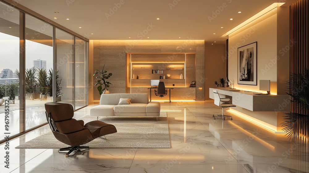 A modern living room with a large window and a view of the city.