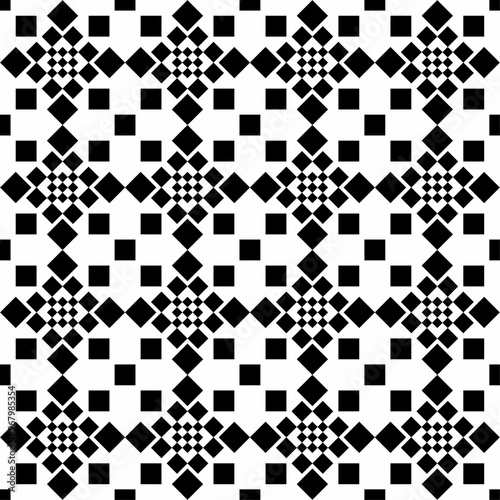 Seamless black and white geometric pattern with regular arrangement of squares and rhombuses. Suitable for a variety of design purposes, from backgrounds to decorative elements.