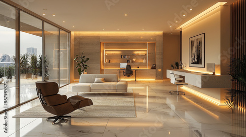 Obraz na płótnie A modern living room with a large window and a view of the city. w salonie
