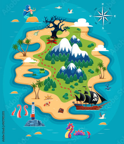 Pirate island with treasures map with red dotted line leads the way to hidden treasure chest and landmarks such as palm trees, lighthouse, mountains, spooky tree, mermaid, pirate ship and sea creature