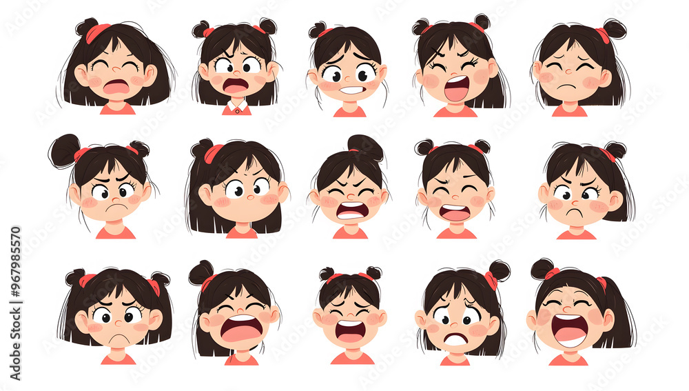 Cute cartoon girl face expression set, with happy and sad emotions on a white background, illustration style vector. Cute cartoon girl face expression set, with happy and sad emotions on a white background, illustration style vector.