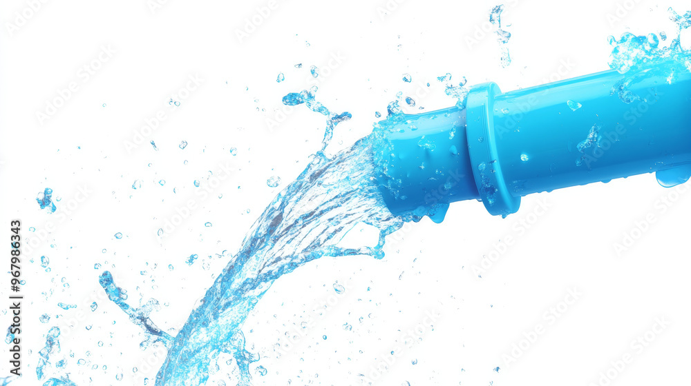 Energetic splash of water spraying from blue PVC pipe, creating bright and lively scene. water droplets glisten, adding refreshing touch to image Energetic splash of water spraying from blue PVC pipe, creating bright and lively scene. water droplets glisten, adding refreshing touch to image