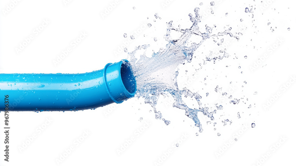 Energetic splash of water sprays from bright blue PVC pipe, creating dynamic and refreshing scene. vibrant color and movement evoke sense of fun and excitement Energetic splash of water sprays from bright blue PVC pipe, creating dynamic and refreshing scene. vibrant color and movement evoke sense of fun and excitement