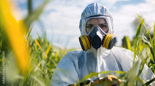 Close-up of a farmer in protective gear preparing Monsanto pesticides, illustrating the industrialized nature of modern farming, in sharp, journalistic style photo