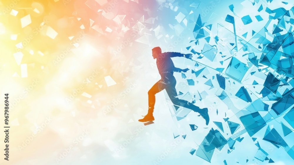 Breaking the Glass Ceiling: A figure jumping through a transparent glass ceiling into a world of floating abstract shapes, symbolizing surpassing limitations and achieving personal growth Breaking the Glass Ceiling: A figure jumping through a transparent glass ceiling into a world of floating abstract shapes, symbolizing surpassing limitations and achieving personal growth