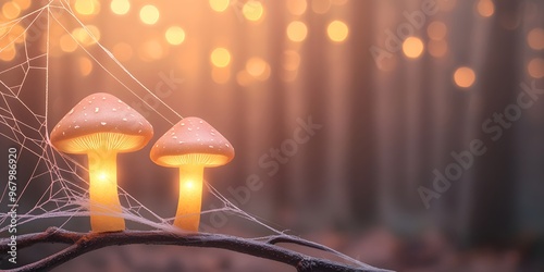 A serene scene of glowing mushrooms in a misty forest, creating a magical atmosphere with soft bokeh lights in the background. photo