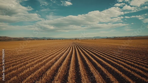 Close-up of a GMO crop tag in a large field, revealing the corporate mark on U.S. farming practices, shot by a journalist for a clean, professional finish