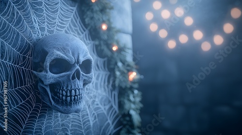 Spooky skull decoration on a web, illuminated by warm lights, perfect for Halloween-themed events and parties. photo