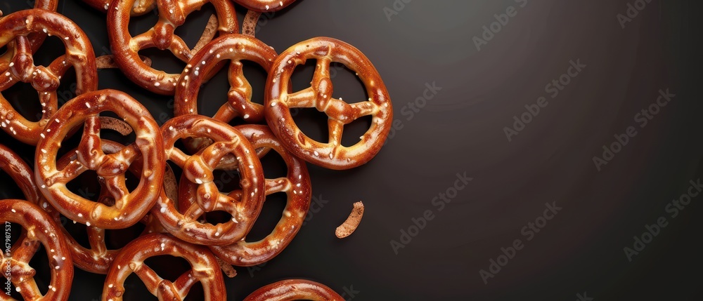 A close-up view of freshly baked pretzels on a dark surface, showcasing their golden-brown color and unique shapes. A close-up view of freshly baked pretzels on a dark surface, showcasing their golden-brown color and unique shapes.
