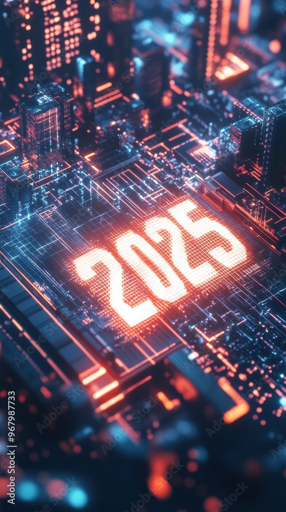 A vibrant digital display shows the year 2025 in bright orange, set against a high-tech city illuminated by neon lights A vibrant digital display shows the year 2025 in bright orange, set against a high-tech city illuminated by neon lights