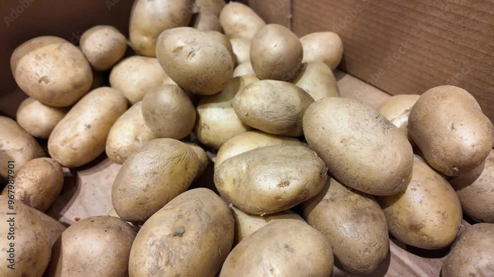 A pile of raw potatoes in a cardboard box, ideal for harvest festivals or Thanksgiving cooking preparations A pile of raw potatoes in a cardboard box, ideal for harvest festivals or Thanksgiving cooking preparations