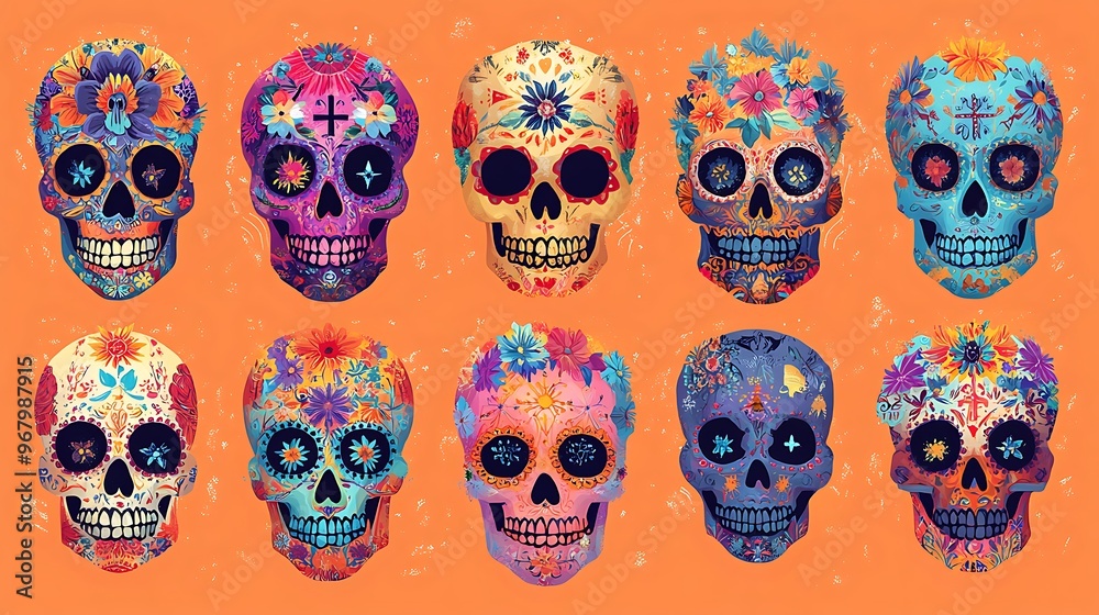 dia de muertos skulls collection, Decorated mexican skulls