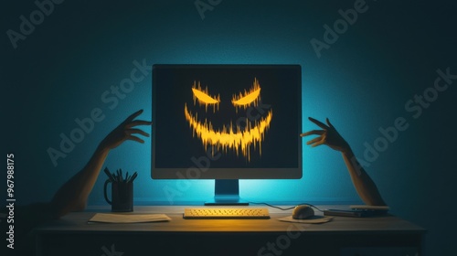 Broken Trust in a Digital World: A glowing computer screen with a smiling face on it, but in the background, hands are reaching out from the shadows, holding fake documents and fraudulent contracts photo