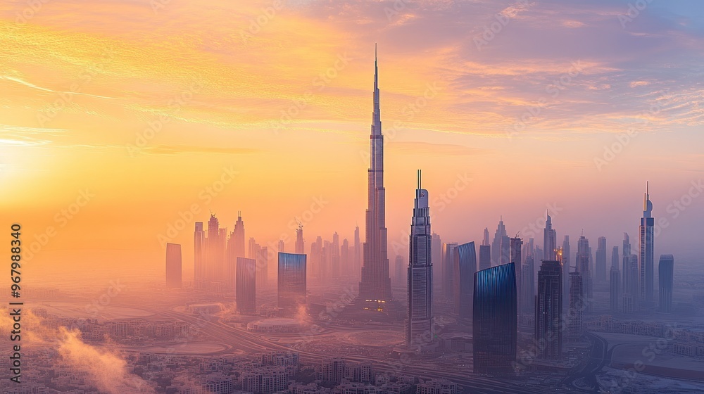 A stunning skyline at sunrise featuring towering skyscrapers and a vibrant sky. A stunning skyline at sunrise featuring towering skyscrapers and a vibrant sky.