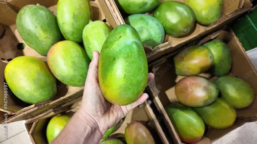 A hand holding a ripe mango above boxes of tropical fruits, ideal for summer recipes and healthy eating concepts A hand holding a ripe mango above boxes of tropical fruits, ideal for summer recipes and healthy eating concepts