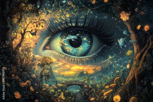 A detailed illustration of an eye with long eyelashes in the center, a symmetrical design. A lush forest and meadow landscape is behind it, the trees have flowers on them. Generative AI