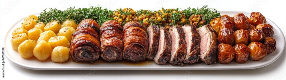 Classic Sunday Roast, a full-body portrait showcasing a beautifully arranged plate of roast meats, vegetables, and gravy, presented against a clean white background. Classic Sunday Roast, a full-body portrait showcasing a beautifully arranged plate of roast meats, vegetables, and gravy, presented against a clean white background.