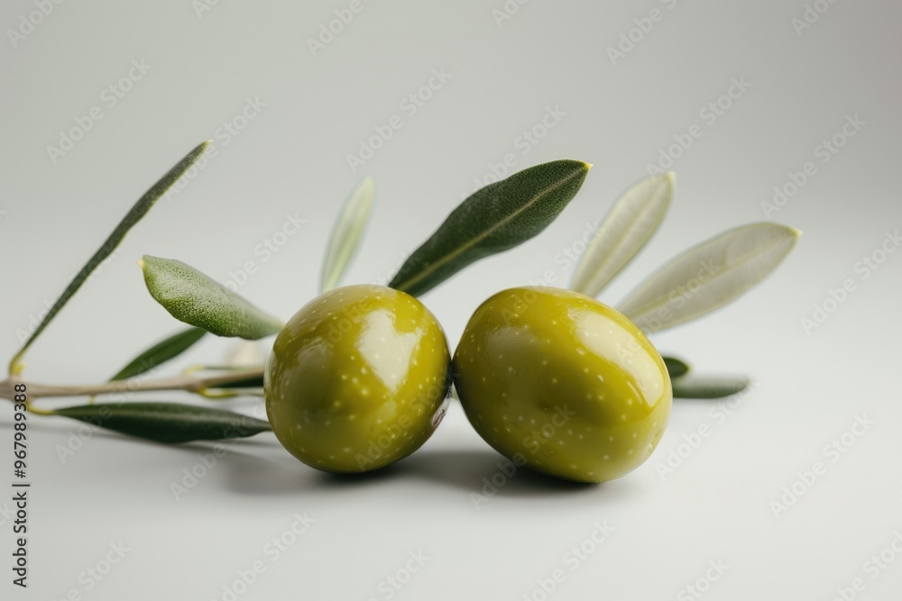 Obraz premium A pair of olives surrounded by leaves on a plain white surface