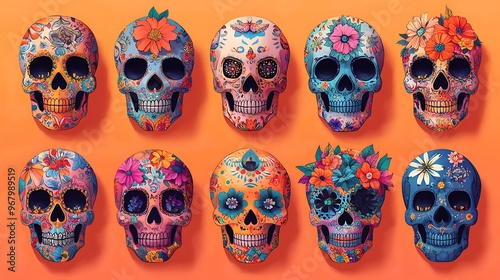 dia de muertos skulls collection, Decorated mexican skulls