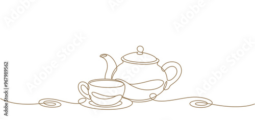 teapot with cup line art illustration. drinks vector element design background
