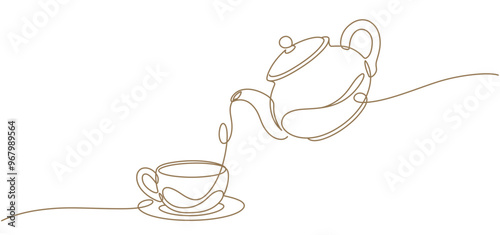 teapot with cup line art illustration. drinks vector element design background