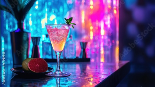 An avant-garde cocktail lounge with shifting holographic decor and bioluminescent beverages, buzzing with nightlife style, isolated background photo