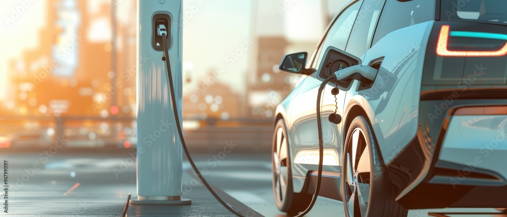 A modern electric vehicle charging at a station during sunset, symbolizing sustainable transportation and eco-friendly innovation. A modern electric vehicle charging at a station during sunset, symbolizing sustainable transportation and eco-friendly innovation.
