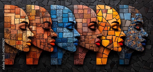 A Vibrant Mosaic of Faces Celebrating Diversity Through Art and Colorful Expressions of Identity. Mosaic of Miltinational Faces photo