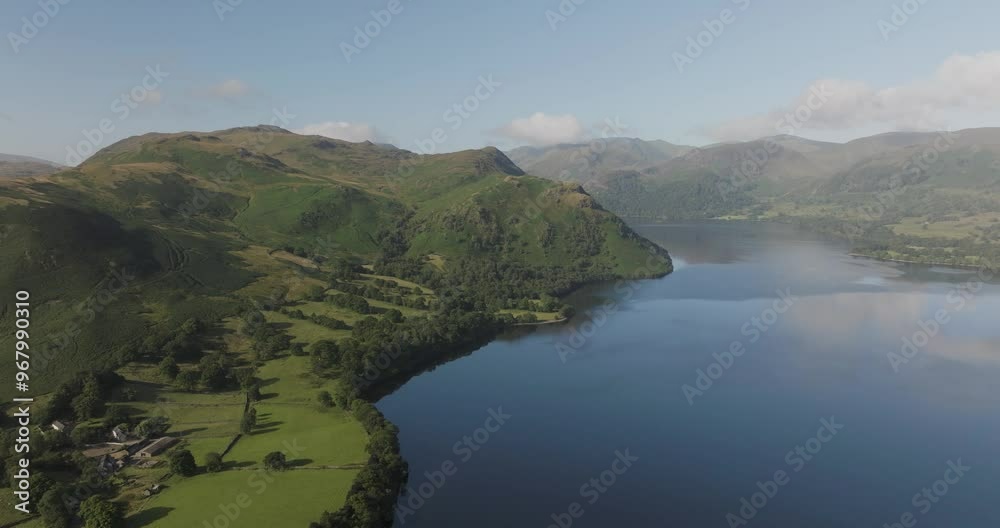 Aerial view of serene Ullswater lake surrounded by majestic mountains and lush greenery, Glenridding, England. Aerial view of serene Ullswater lake surrounded by majestic mountains and lush greenery, Glenridding, England.