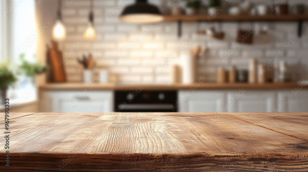 Wood table top on blur kitchen counter background Wood table top on blur kitchen counter background
