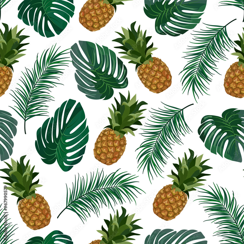 Pineapples and leaves in a pattern.Pineapples and palm leaves on a white background in a seamless pattern. Pineapples and leaves in a pattern.Pineapples and palm leaves on a white background in a seamless pattern.