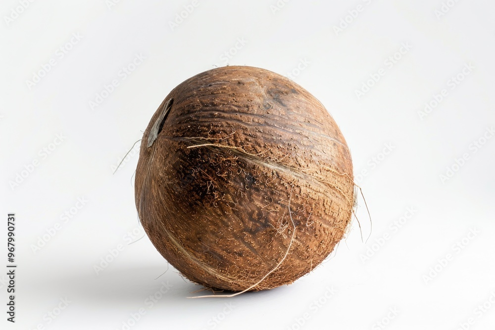 A single whole coconut sits on a white surface A single whole coconut sits on a white surface