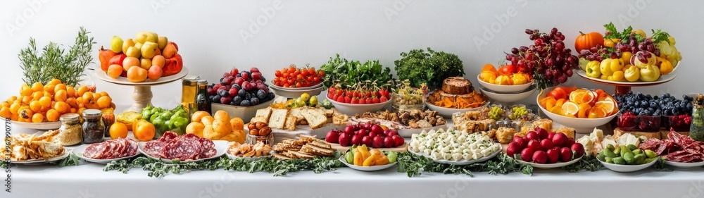 Vibrant Party Buffet Display, a delightful array of dishes and vibrant colors arranged artfully on a clean white backdrop, showcasing a festive and inviting atmosphere. Vibrant Party Buffet Display, a delightful array of dishes and vibrant colors arranged artfully on a clean white backdrop, showcasing a festive and inviting atmosphere.