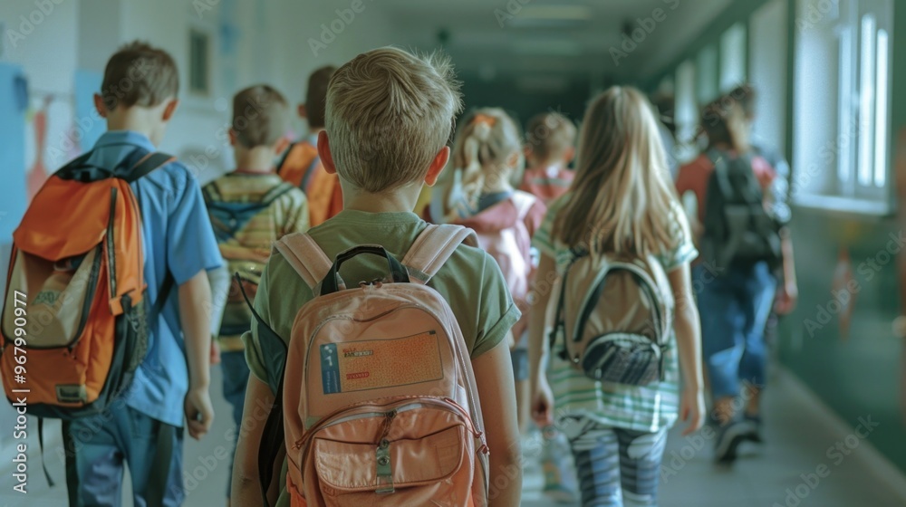 Group of kids walking together down a long hallway with lockers and classrooms Group of kids walking together down a long hallway with lockers and classrooms
