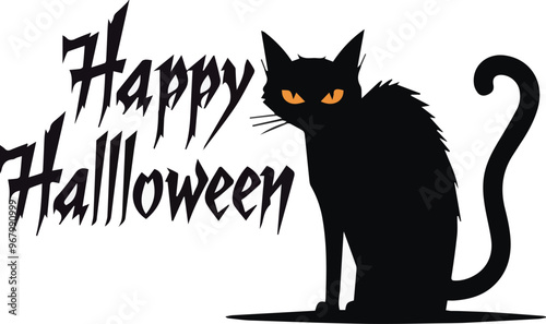 A minimalist Halloween-themed scene featuring a sleek black cat with piercing yellow eyes, sitting calmly beside bold, jagged text that says 'Happy Halloween' in a spooky, gothic font. The background 