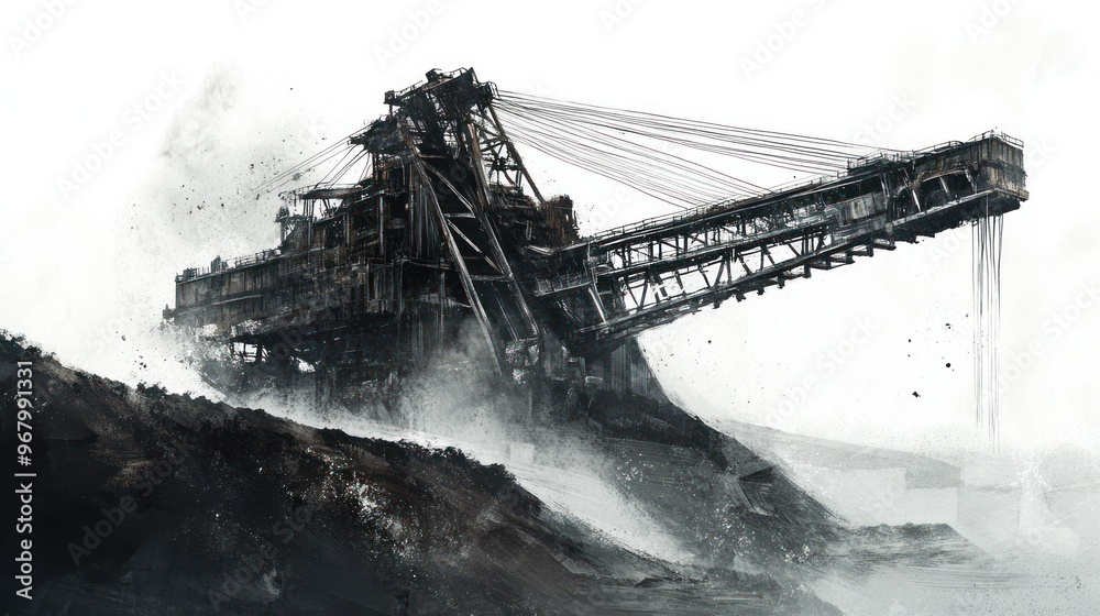 Obraz premium Rusty Mining Excavator Against a Dusty, White Sky