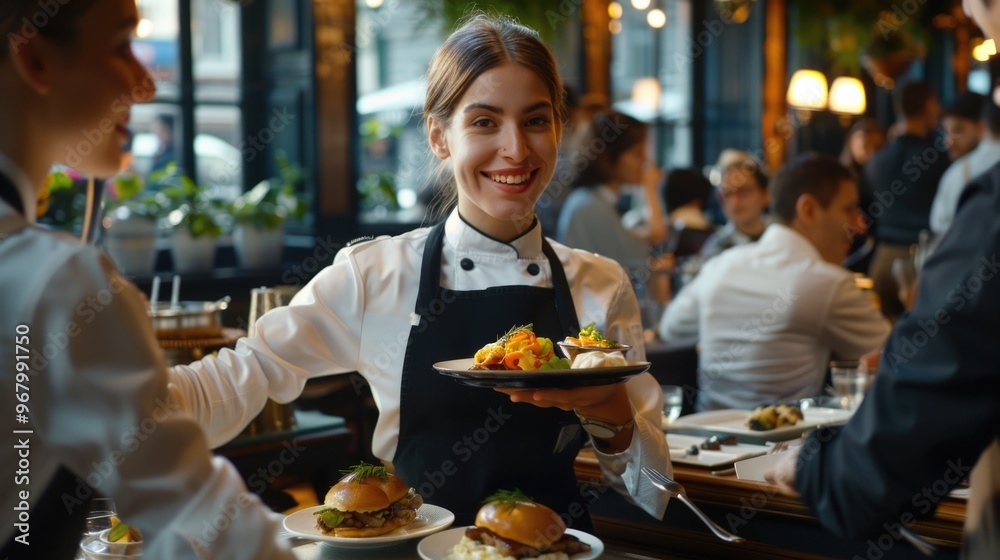 A waitress holding a plate of food in a restaurant setting A waitress holding a plate of food in a restaurant setting