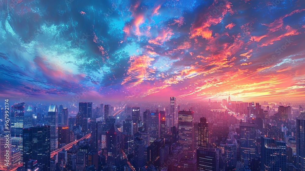 A city skyline with a beautiful sunset in the background. The sky is filled with clouds and the sun is setting, creating a warm and peaceful atmosphere A city skyline with a beautiful sunset in the background. The sky is filled with clouds and the sun is setting, creating a warm and peaceful atmosphere