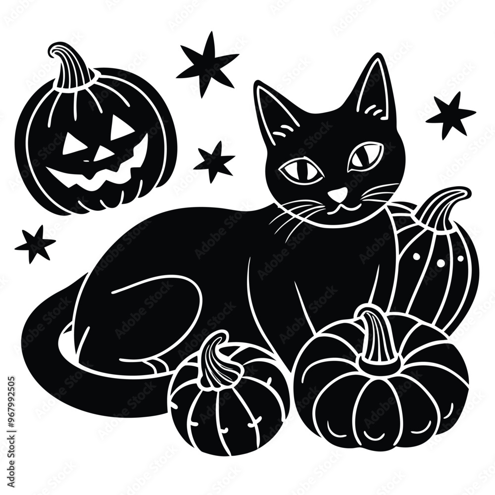 Fototapeta premium Set of Halloween clipart with black cats, carved pumpkins, and spiders