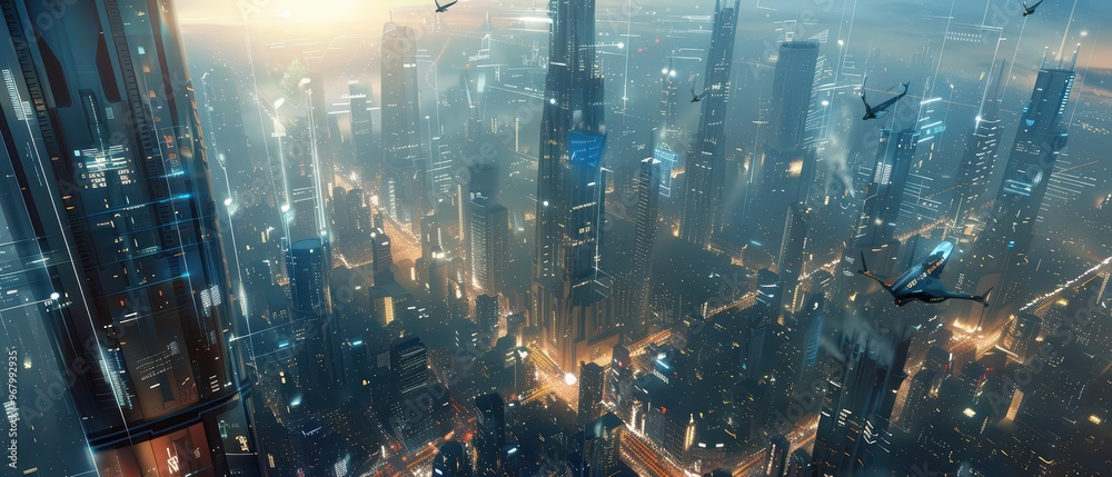 A stunning view of a futuristic cityscape with towering skyscrapers, illuminated streets, and flying vehicles against a twilight sky. A stunning view of a futuristic cityscape with towering skyscrapers, illuminated streets, and flying vehicles against a twilight sky.