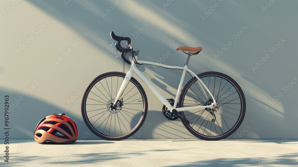 Obraz premium A stylish bicycle and helmet are positioned against a modern wall, evoking a sense of adventure and outdoor activity.