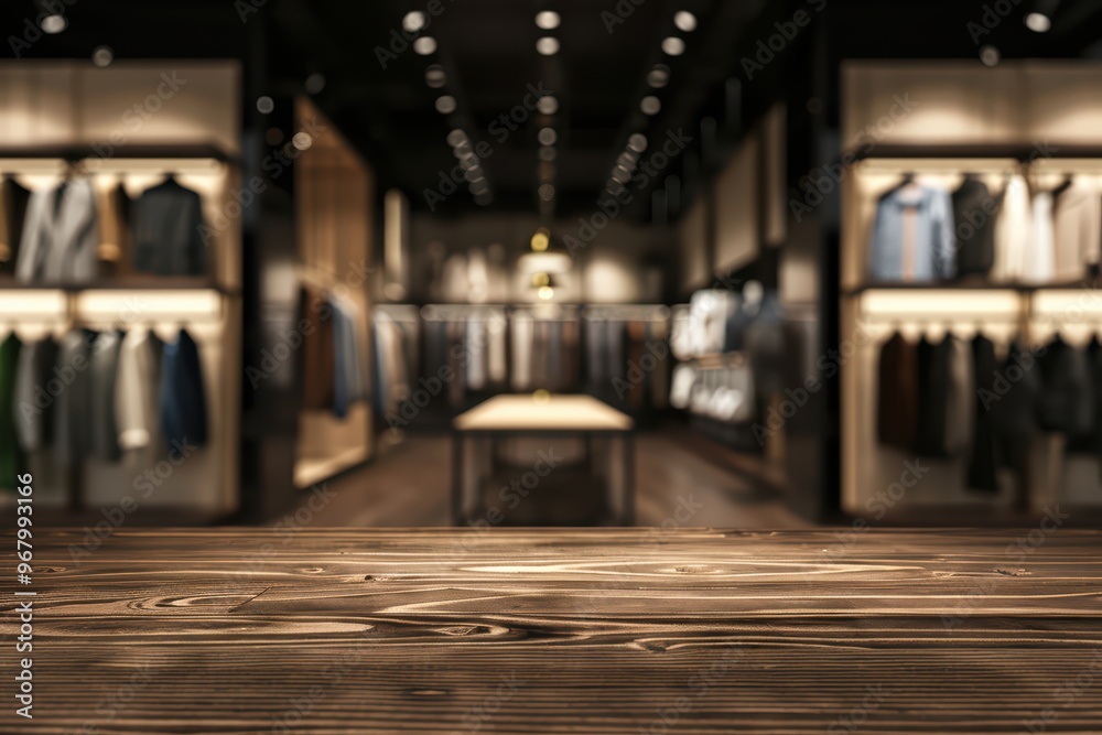 A stylish retail space showcasing clothing displays with wooden table in foreground, perfect for commercial use. A stylish retail space showcasing clothing displays with wooden table in foreground, perfect for commercial use.