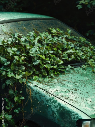 Vehicle covered with moss and green ivy. Dense vegetation overtaking vehicle body.