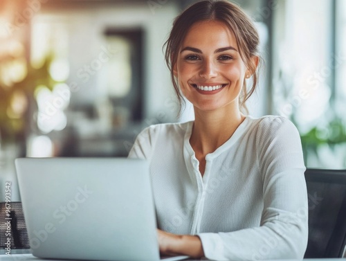 Professional and happy woman in modern office setting using laptop for work.