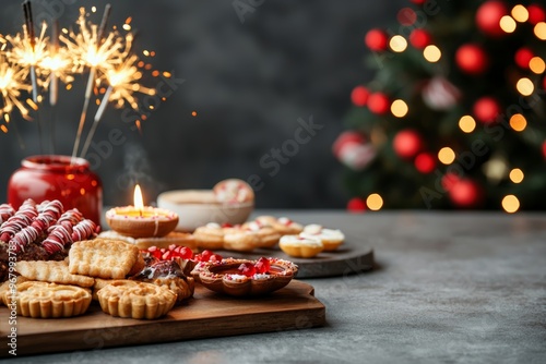 Festive holiday cookies and pastries with sparkling lights and Christmas tree in the background, creating a warm, joyful atmosphere.